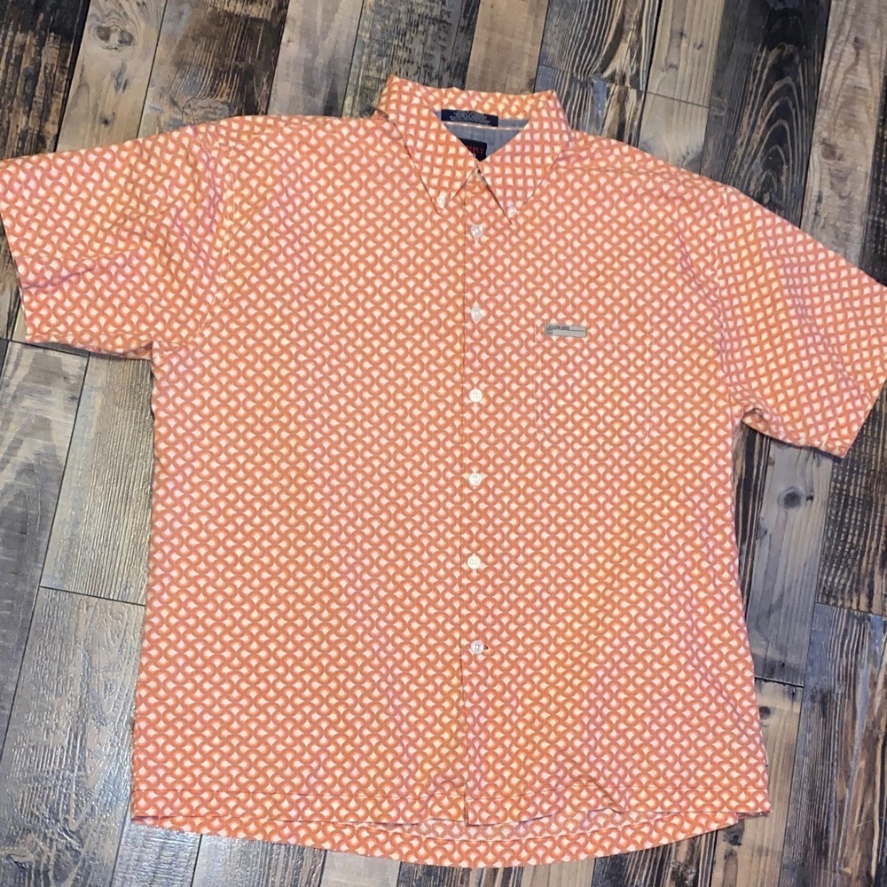 Vintage Tommy Hilfiger Men's Orange and White Patterned Shirt